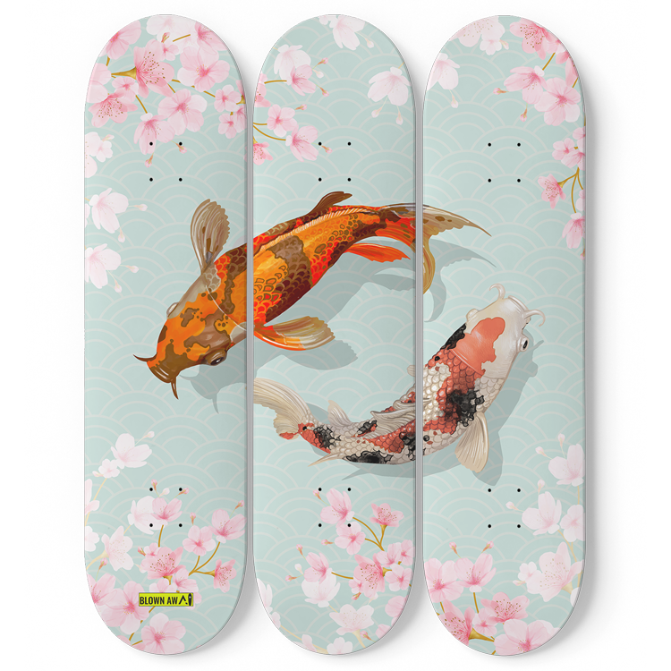 Fish Koi Yin Yang Sakura Triple Skateboard Wall Art