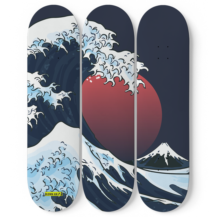 Red Moon And The Great Wave Of Kanagawa Triple Skateboard Wall Art