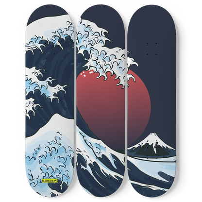 Red Moon And The Great Wave Of Kanagawa Triple Skateboard Wall Art