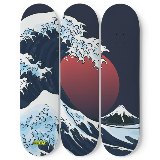 Red Moon And The Great Wave Of Kanagawa Triple Skateboard Wall Art