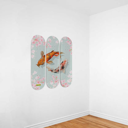 Fish Koi Yin Yang Sakura Triple Skateboard Wall Art