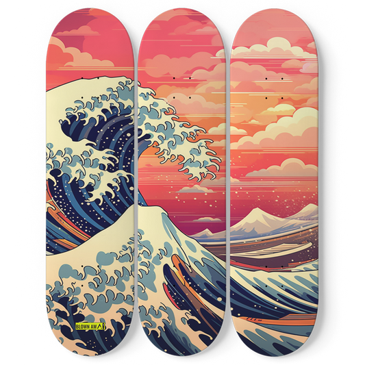 Colourful Futuristic The Great Wave Of Kanagawa Triple Skateboard Wall Art
