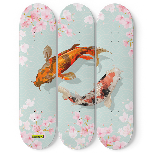Fish Koi Yin Yang Sakura Triple Skateboard Wall Art