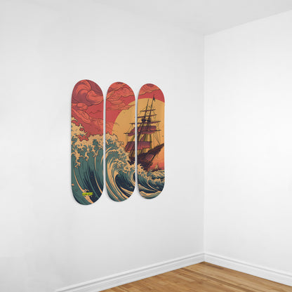 Galleon At The Great Wave Of Kanagawa Triple Skateboard Wall Art