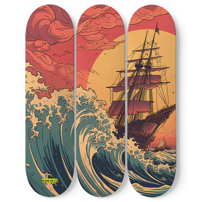 Galleon At The Great Wave Of Kanagawa Triple Skateboard Wall Art