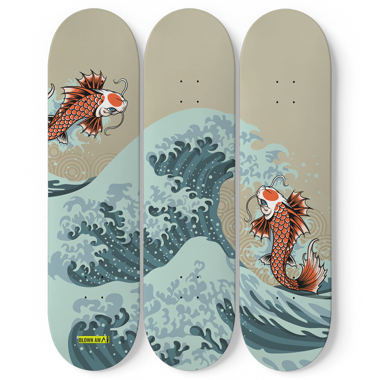 Fish Koi Yin Yang In The Great Wave Of Kanagawa Triple Skateboard Wall Art