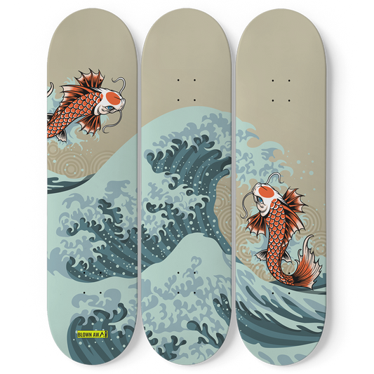 Fish Koi Yin Yang In The Great Wave Of Kanagawa Triple Skateboard Wall Art