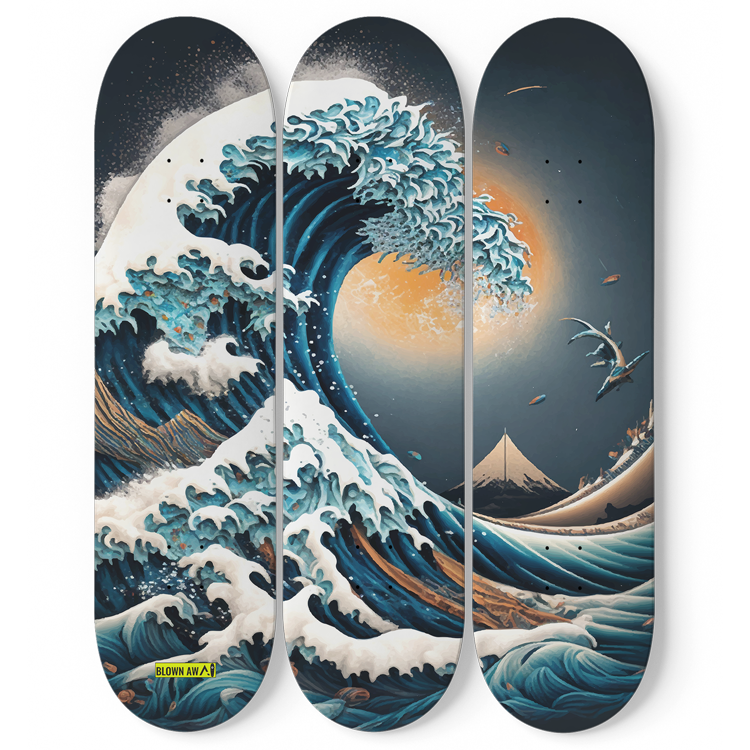 Futuristic The Great Wave Of Kanagawa Triple Skateboard Wall Art