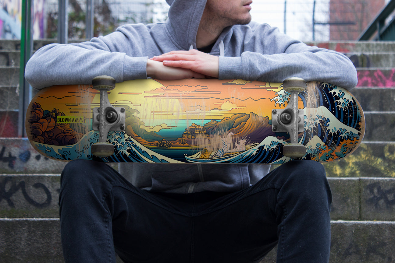 The Sunset At Great Wave Of Kanagawa Single Skateboard Wall Art