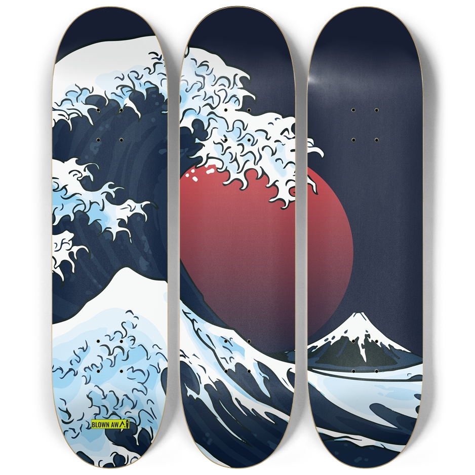 Red Moon And The Great Wave Of Kanagawa Triple Skateboard Wall Art